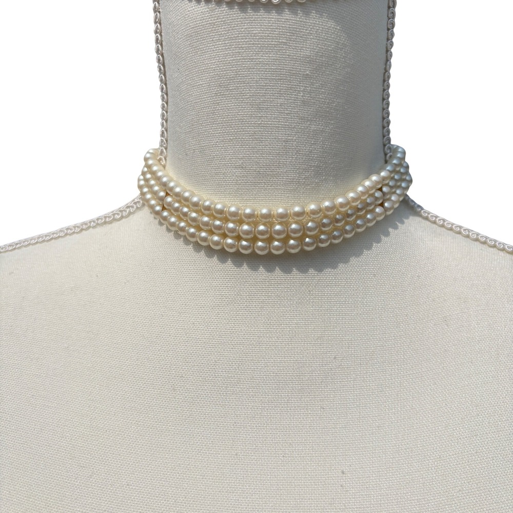 Vtg 1928 Faux Pearl Choker Necklace 12" Triple Strand Style Gold Tone Accents